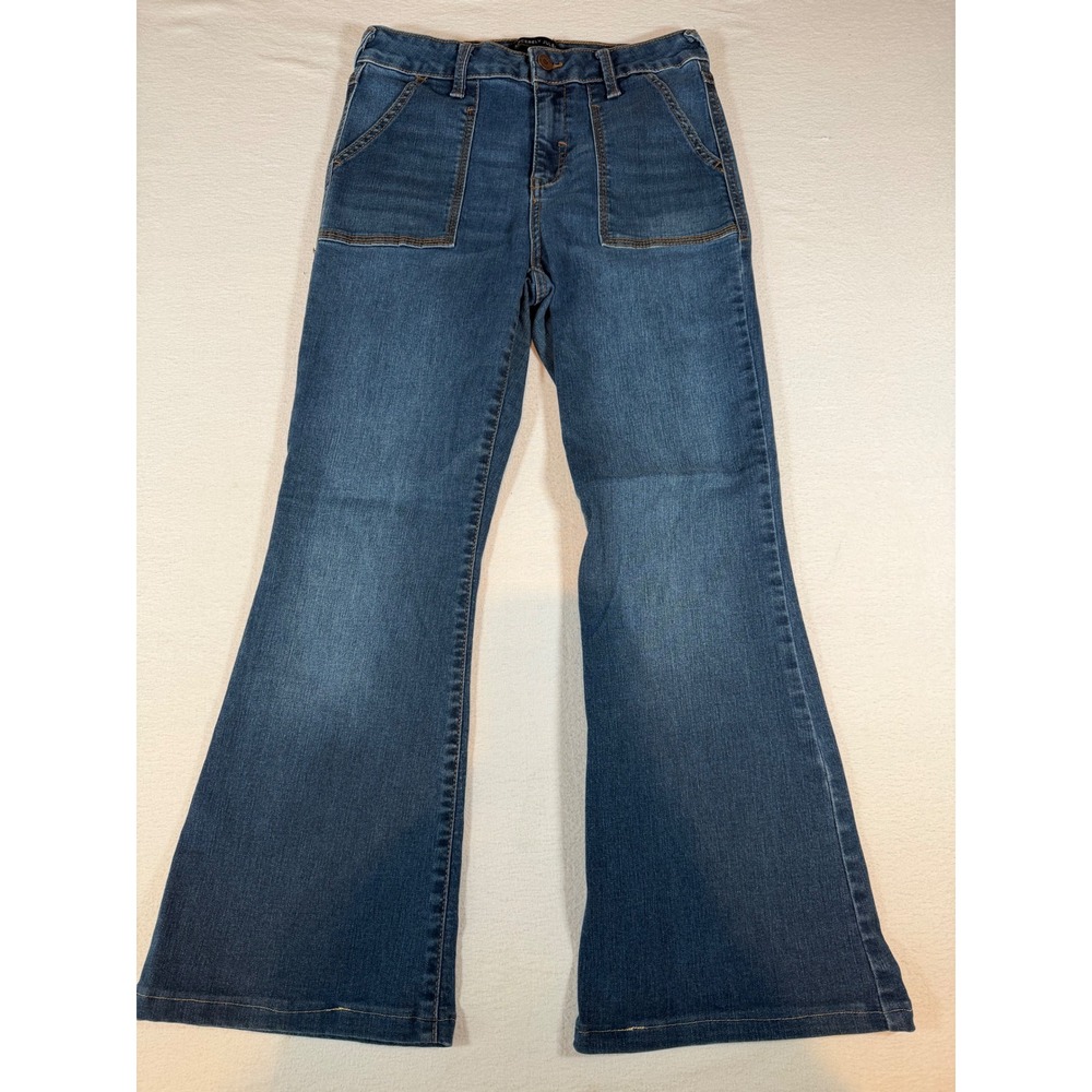 Sincerely Jules Womens High Rise Flare Jeans Medium Wash Patch Pockets Size 5/27